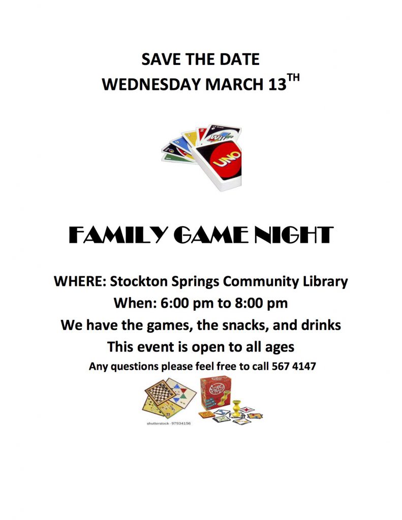 Family Game Night at SSCL, March 13, 6:00 - 8:00 pm. Games, Snacks, Soft Drinks. Free, open to all.